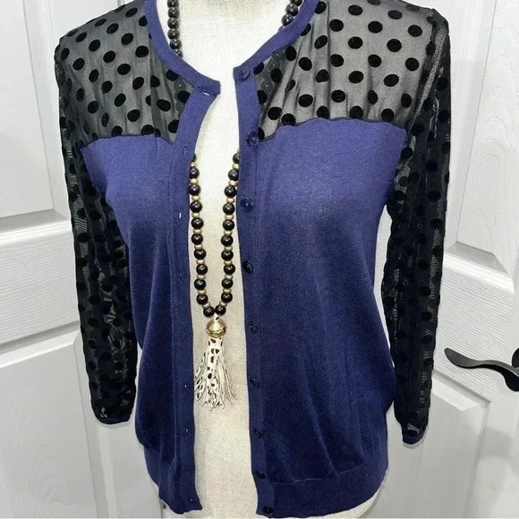 August Silk Navy blue and sheer black polka dot lace button front cardigan - Picture 1 of 13